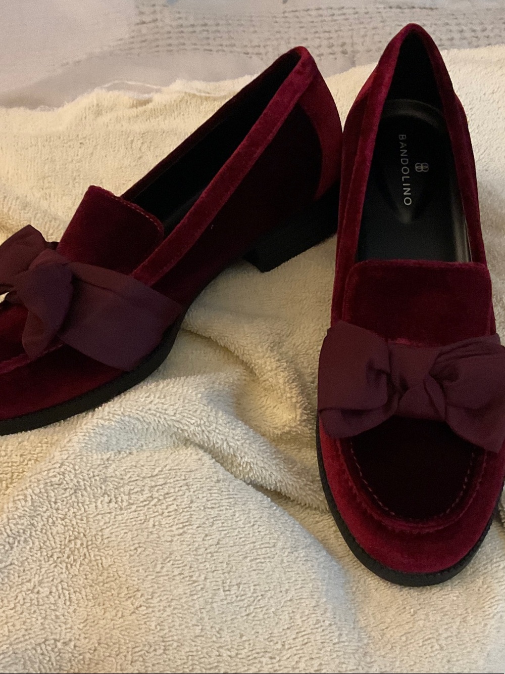Bandolino Burgundy Velvet Bow Loafers - Picture 2 of 8